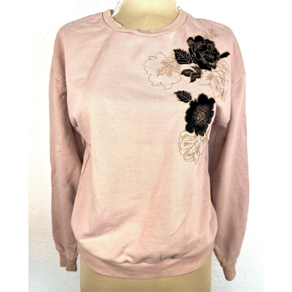 Pink Floral Embroidered Sweatshirt Crewneck Long Sleeve Womens Small